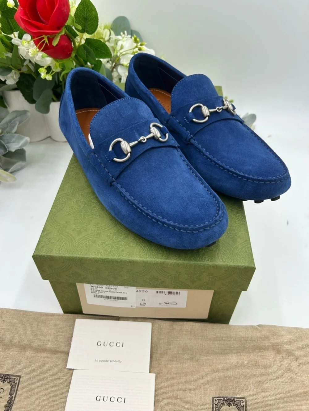 Men's Gucci horse bit Driver loafers in royal blue size 8 fits 8.5 US made Italy
